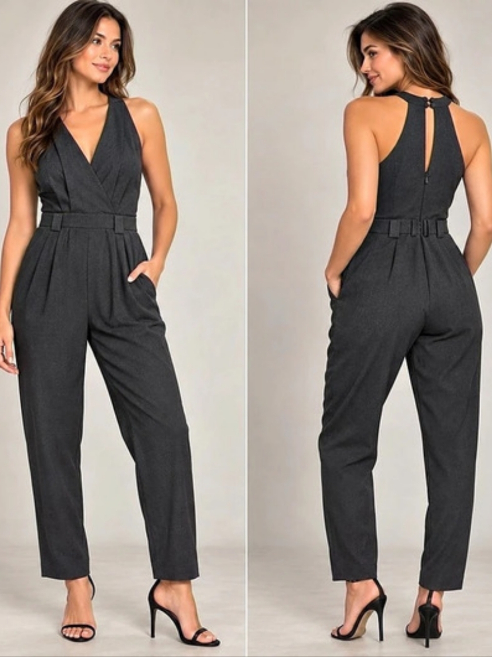 Lulus Charcoal Gray Halter Jumpsuit Surplice V-Neck M NWT